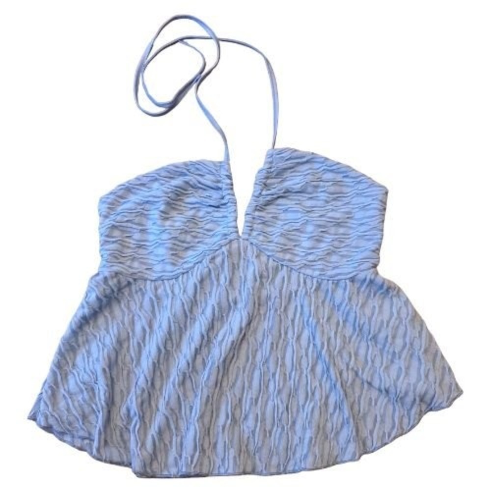 Light Blue Sz M Ruched Halter Neck Babydoll Top Summer Beach Vacation Tie Flare‎